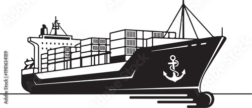 Cargo ship, container vessel, freight boat, nautical icon, black and white