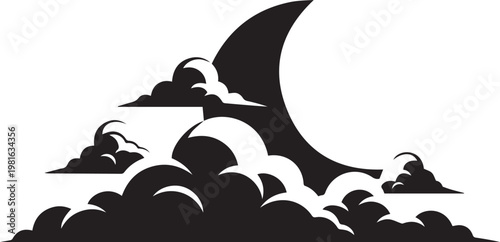 Black silhouette of crescent moon and clouds on transparent background night sky scene illustration.