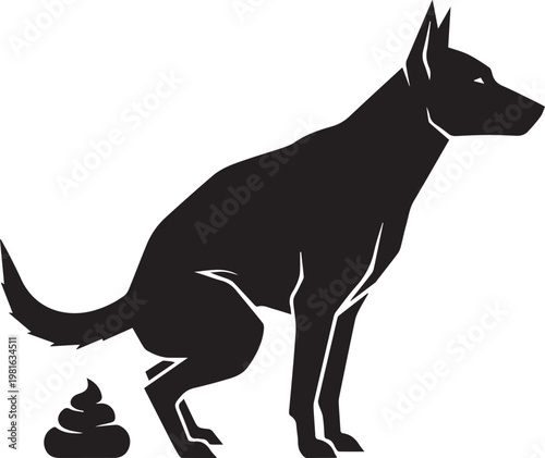 Dog pooping silhouette vector graphic. side view illustration of a canine defecating with poop symbol on ground.
