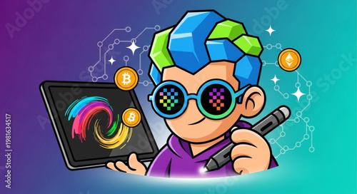 Cartoon Artist with Digital Tablet and Stylus Creating Digital Art.