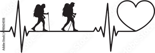 Hikers heartbeat vector line with heart. love for trekking and adventure. mountaineering activity for health.