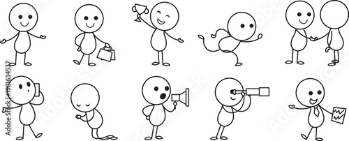 Cute cartoon stick figure characters vector. various activities, expressions, and interactions.
