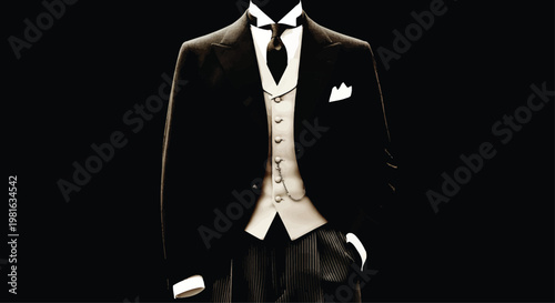 Black Tuxedo with White Vest and Pocket Square on Isolated Black Background