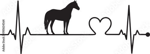 Horse silhouette in heartbeat line, love for horses, equestrian symbol, vector art, medical theme, animal care.