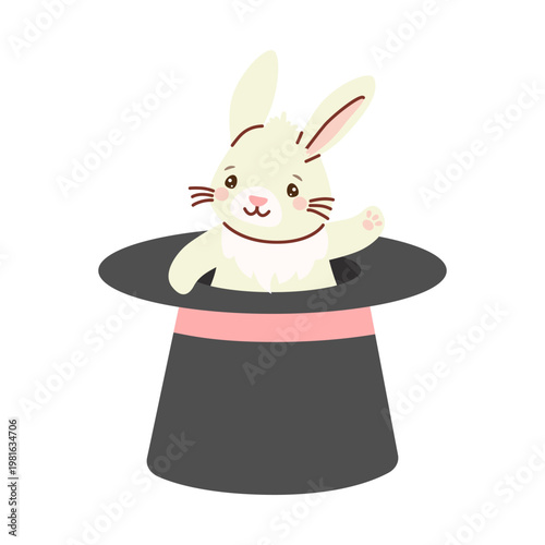Adorable white bunny sitting in a black magician hat. Flat vector illustration of a magic trick character for kids circus show and birthday party design. Isolated on white.