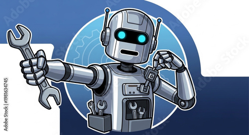 Cartoon Robot Mechanic Holding Wrench Ready for Repairs and Maintenance.