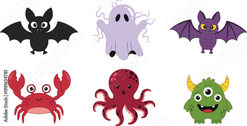 Halloween Monster Set with Cute Bat, Ghost, Crab, Octopus, and One-Eyed Monster Characters in Cartoon Style, Vector Illustration