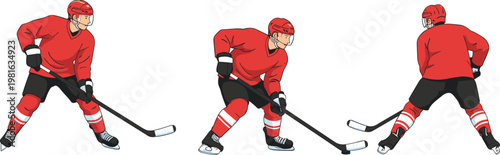 Cartoon vector illustration of ice hockey player in red jersey helmet skates holding stick showing different stances and movements