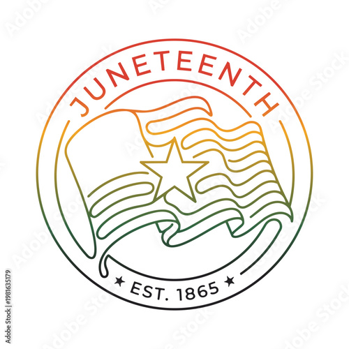 Juneteenth illustration showing a flag with a star and Est 1865 text in a circular gradient design