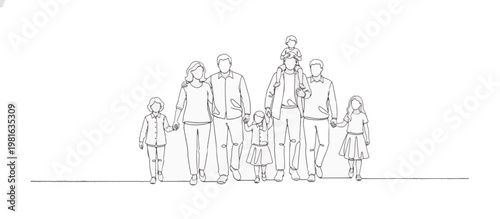 Continuous line drawing of intergenerational family walking together. Minimalist multi-generational group vector illustration. Isolated on transparent background