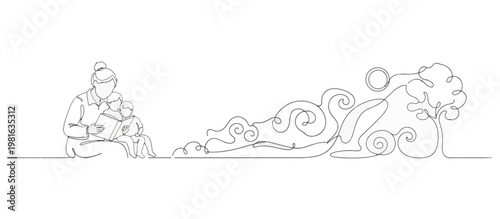 Continuous line drawing of grandmother reading to grandchildren. Minimalist vector illustration of family storytelling and imagination landscape. Isolated on transparent background