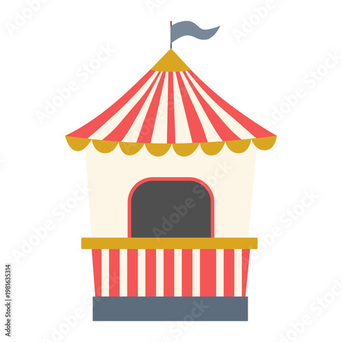 Vintage circus ticket booth or carnival food kiosk. Flat vector illustration with red and white stripes, gold trim, and a blue flag. Isolated on white background for event design.