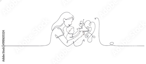 Continuous line art of mother and child finger painting. Minimalist single line vector illustration isolated on transparent background