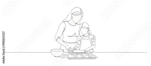 Continuous line art of mother and daughter baking cookies. Minimalist single line vector illustration isolated on transparent background