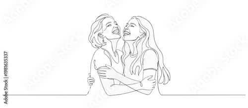 Mother and teenage daughter laughing and hugging. Continuous one line drawing vector illustration. Minimalist family bonding concept isolated on transparent background