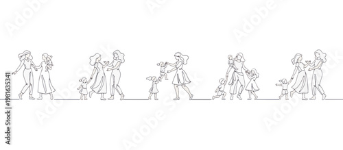 Continuous line art sequence of mothers dancing with children. Minimalist single line vector illustration isolated on transparent background