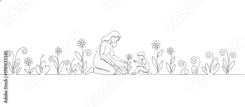 Mother and child planting flowers in garden. Continuous one line drawing vector illustration. Minimalist spring nature concept isolated on transparent background