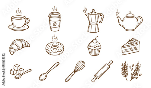 Bakery collection depicts various breakfast items such as coffee and donuts along with kitchen equipment like a whisk and rolling pin