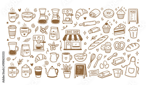 Bakery and coffee shop collection featuring various items like pastries coffee and baking tools