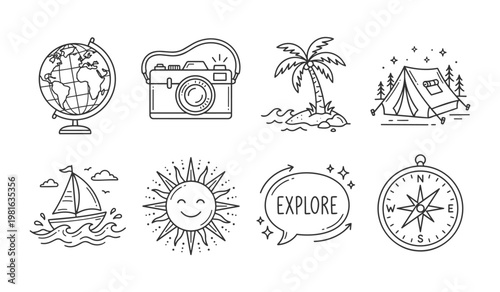 Travel icons including a globe camera palm tree tent sailboat sun explore bubble and compass
