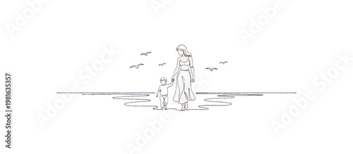 Continuous line art of mother walking with toddler on beach. Minimalist single line vector illustration. Family vacation concept isolated on transparent background