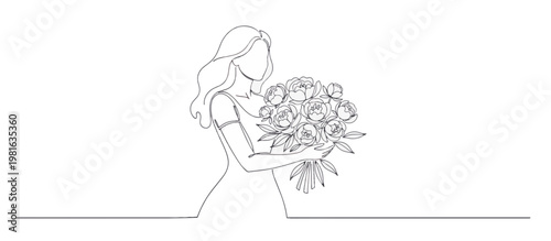 Woman holding bouquet of peonies. Continuous one line drawing vector illustration. Minimalist floral gift concept isolated on transparent background