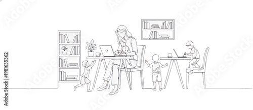 Continuous line art of busy mother working from home with kids. Minimalist single line vector illustration. Remote work and parenting concept isolated on transparent background
