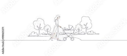 Mother walking with newborn baby in stroller through park. Continuous one line drawing vector illustration. Minimalist outdoor family concept isolated on transparent background