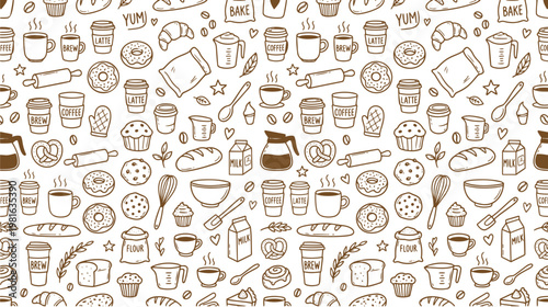 Bakery and hot drink hand drawn elements are arranged as a seamless pattern on a clean white background depicting various baked goods and coffee items
