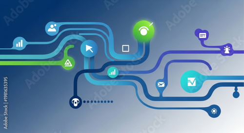 Abstract Network of Connected Icons and Data Flow Visualization.