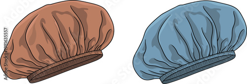 Shower caps set, bathroom waterproof hair protection accessories vector illustration for hygiene, personal care design