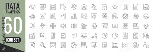 Data analytics thin line icons set. data analysis, analytics, optimization, mining, processing, statistic, monitoring, search, analysis. Vector