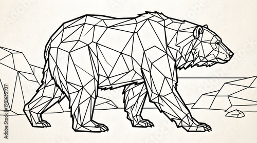 Minimalist Geometric Walking Bear in Rocky Landscape | Modern Grizzly Polygon Line Art Isolated Transparent PNG