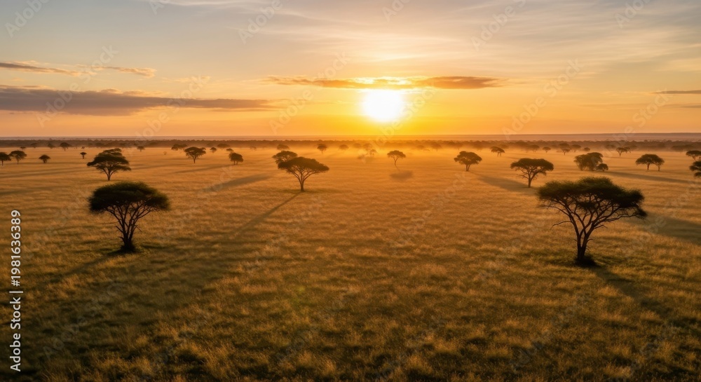 Fototapeta premium A serene savannah landscape with acacia trees at sunset over grassy plains