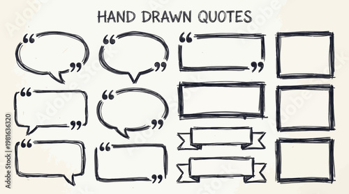 Quotation mark text box frame set. Hand drawn marker brush stroke text message frame background. Quotation mark dialog speech, square, chat banner design template. Vector illustration