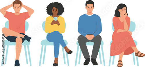 Cartoon vector illustration of people sitting on chairs showing different postures, outfits and waiting attitudes lifestyle design