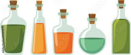 Cartoon vector illustration of potion bottles showing colorful liquids in glass containers with cork stoppers fantasy design