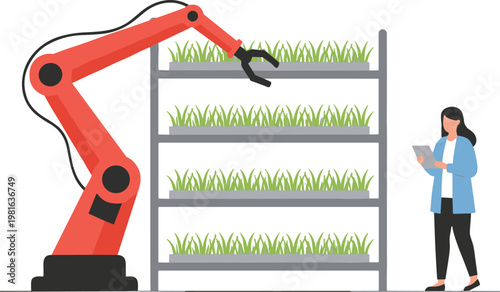 Cartoon vector illustration of robotic agriculture showing automated arm tending plants with technology farming innovation and efficiency design