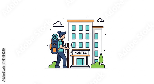 Backpacker Arriving at Hostel with Backpack and Map Illustration.