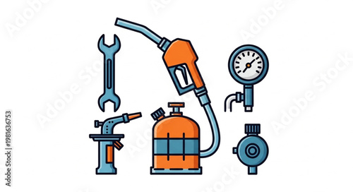 Automotive Repair Tools and Equipment Illustration - Wrench, Nozzle, Gauge, and Tank.