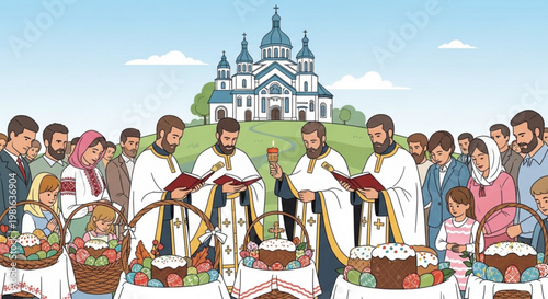 Orthodox Easter celebration with priests and decorated eggs religious service outside church traditional spring holiday