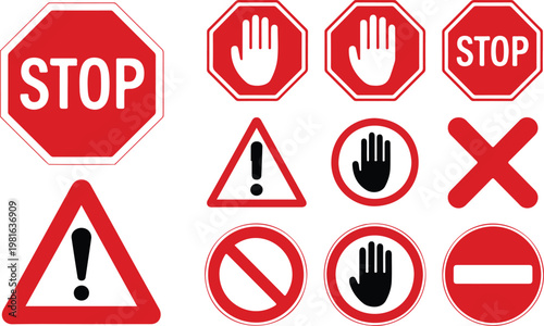 Cuadro en lienzo Clean vector illustration set of road signs including stop octagon warning trian