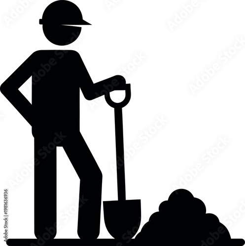 Construction worker with shovel on dirt pile in silhouette style for industry illustration