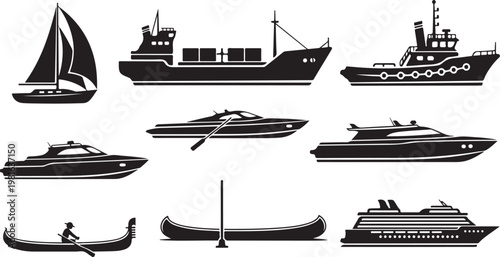 Black boat icons, vector sailboat fleet, ship silhouettes, nautical vessel graphics