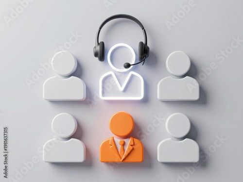 Customer support headset icon with team figures