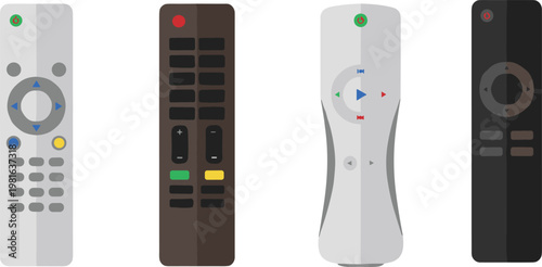 Cartoon vector illustration of television remote controls showing different colorful designs, buttons and layouts electronic device design