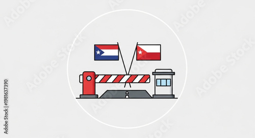 Border Crossing Illustration with Flags and Barrier.