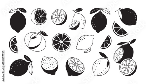 Lemon and lime fruit icons set with whole citrus slices and half pieces isolated on white background art.