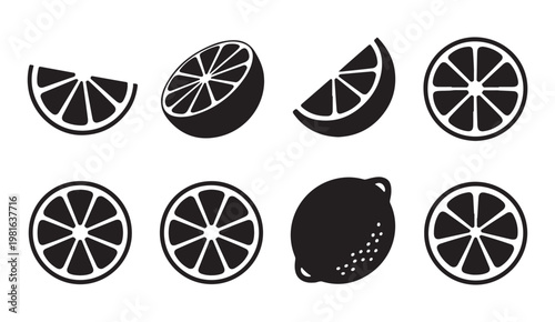 Minimalist citrus slice icons collection featuring lemon rounds and wedges in flat black and white design.