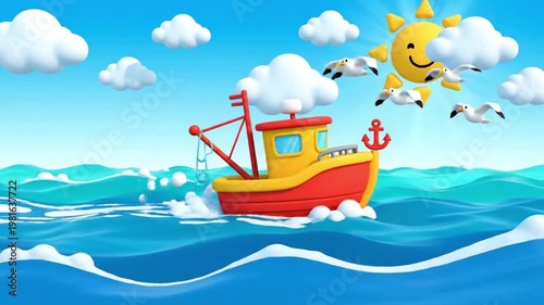 Cartoon-style illustration of a red and yellow fishing boat sailing on blue ocean waves under a smiling sun with white clouds and seagulls in a bright sunny day.